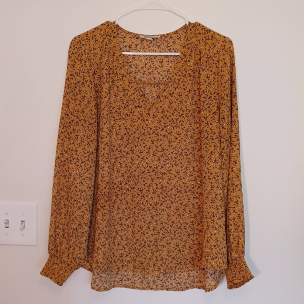 Yellow Golden Floral Chiffon Long Sleeve Blouse